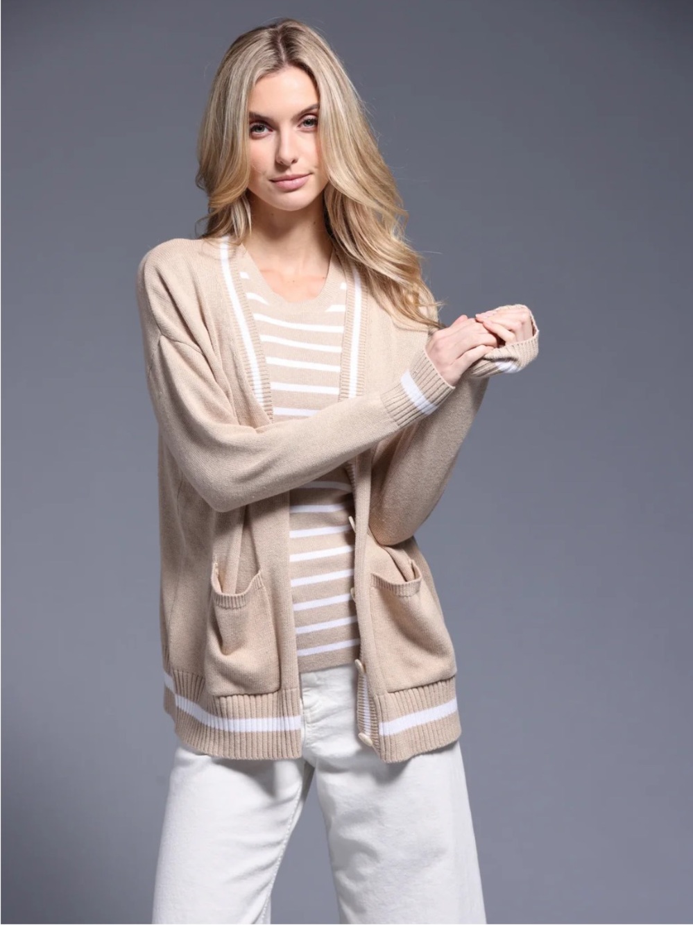 Minnie Rose Oversized Cardi with Tipping in Brown Sugar/White
